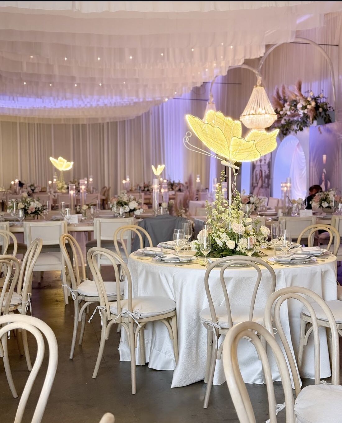 Draped ballroom reception with glowing butterfly centerpieces and crystal chandeliers
